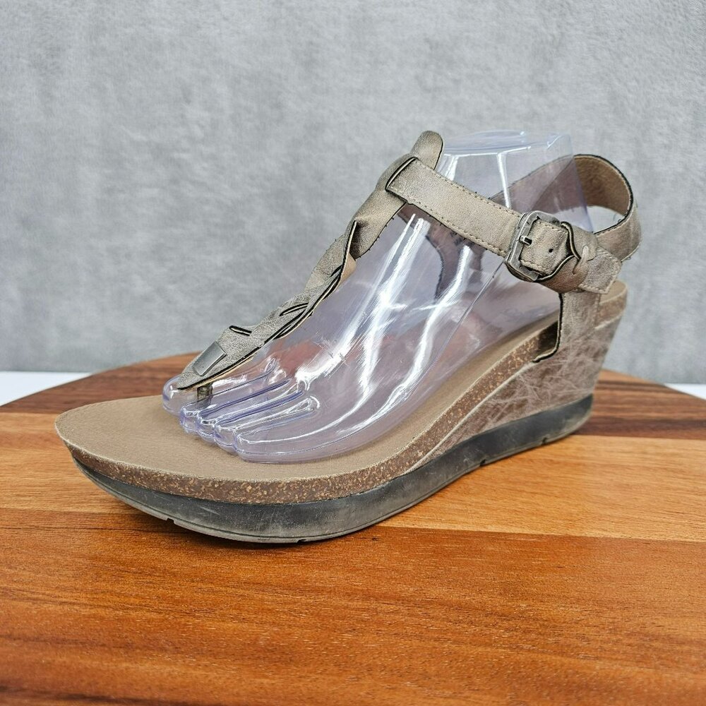 Corkys Hipster Wedge Sandals 11 Metallic Gold Braided Thong Strappy Stacked Boho
